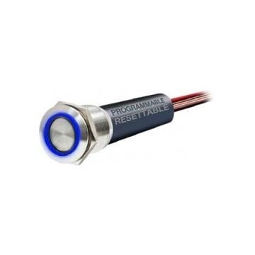 Switch BTSMTSW-L/B On/Off 12V Blue LED low amp SS316 programmable (at 2.5/5/7.5/10A) resettable push button
