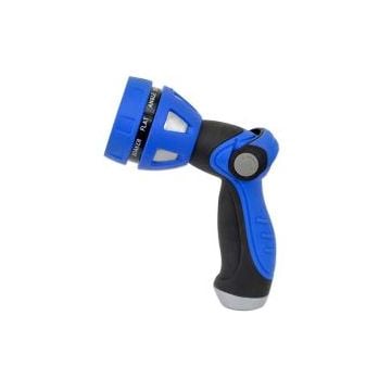 Nozzle metal body with thumb lever and nine pattern adjustable spray head