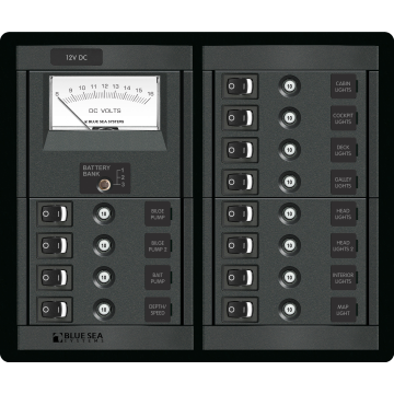 DC Distribution Panel 360 System 12V DC 12 Position with Analogue Voltmeter and Push Button Breakers