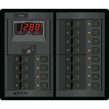 DC Distribution Panel 360 System 12V DC 12 Position with Digital Multimeter and A Series Flat Rocker Breakers