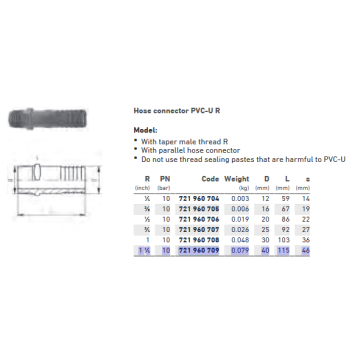 Pipe Fitting Hose Connector PVC-U PN10 1-1/4"-40mm