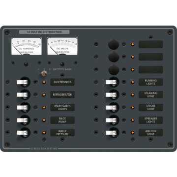 DC Distribution Panel 12V DC 13 Position with Analogue Voltmeter and Ammeter White Toggle Breakers