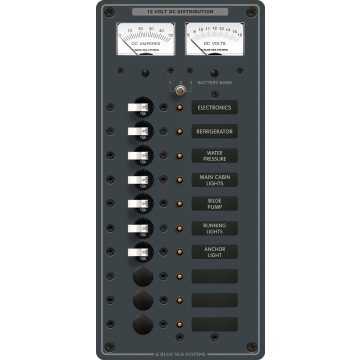 DC Distribution Panel 12V DC 10 Position with Analogue Voltmeter and Ammeter