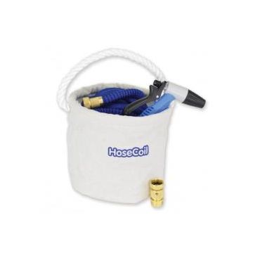 Hose coil 75' canvas bucket kit with expandable hose rubber tip nozzle and quick release