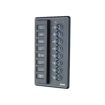 Panel P8FA 8 way 12/24V 60A max toggle switches LED backlight IP64 (includes 16 blade fuses)